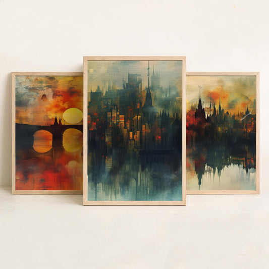 London Set of Three Art Prints - 3 Golden River Skyline Posters - Sunset Cityscape Painting Wall Art Gift Thames Bridge Decor