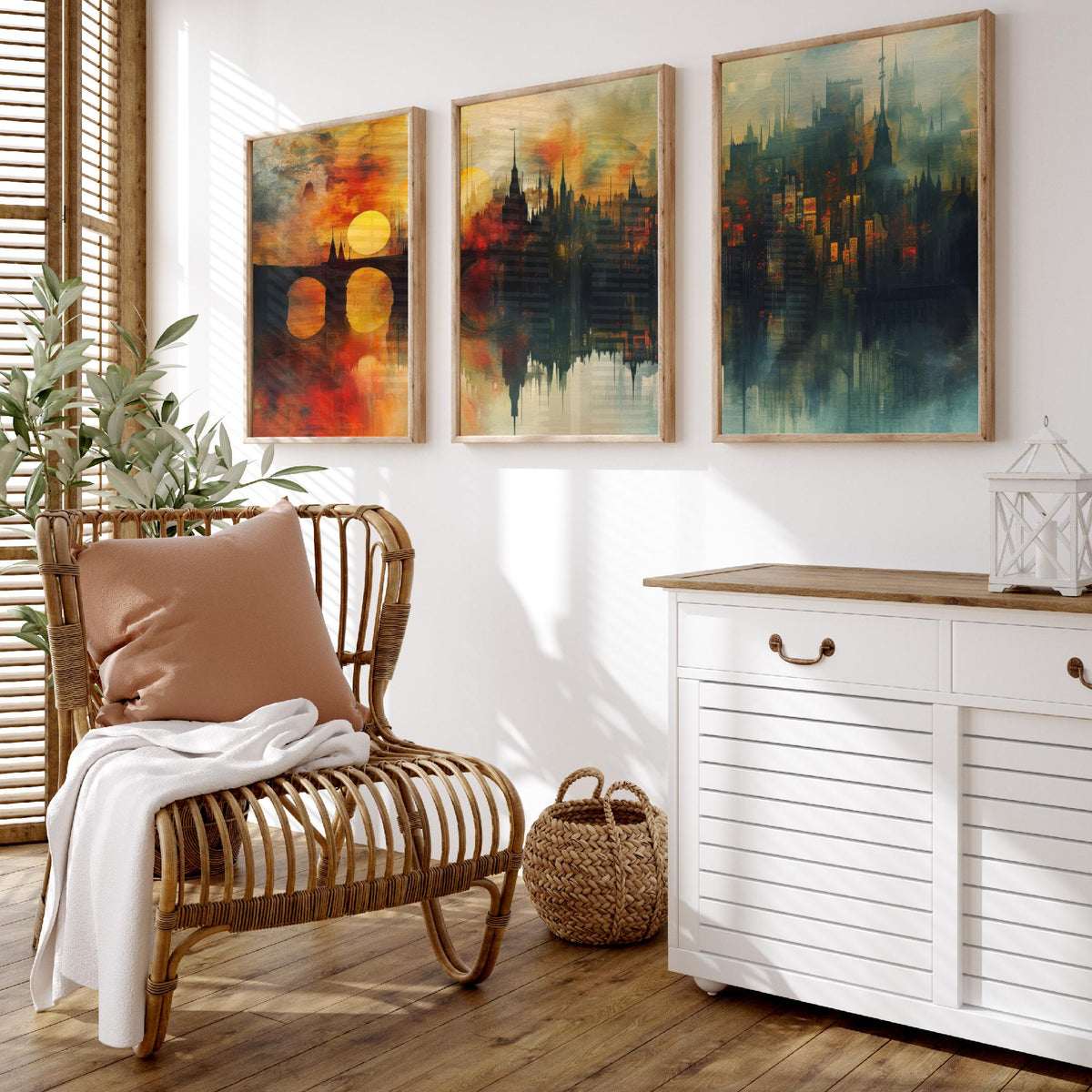 London Set of Three Art Prints - 3 Golden River Skyline Posters - Sunset Cityscape Painting Wall Art Gift Thames Bridge Decor