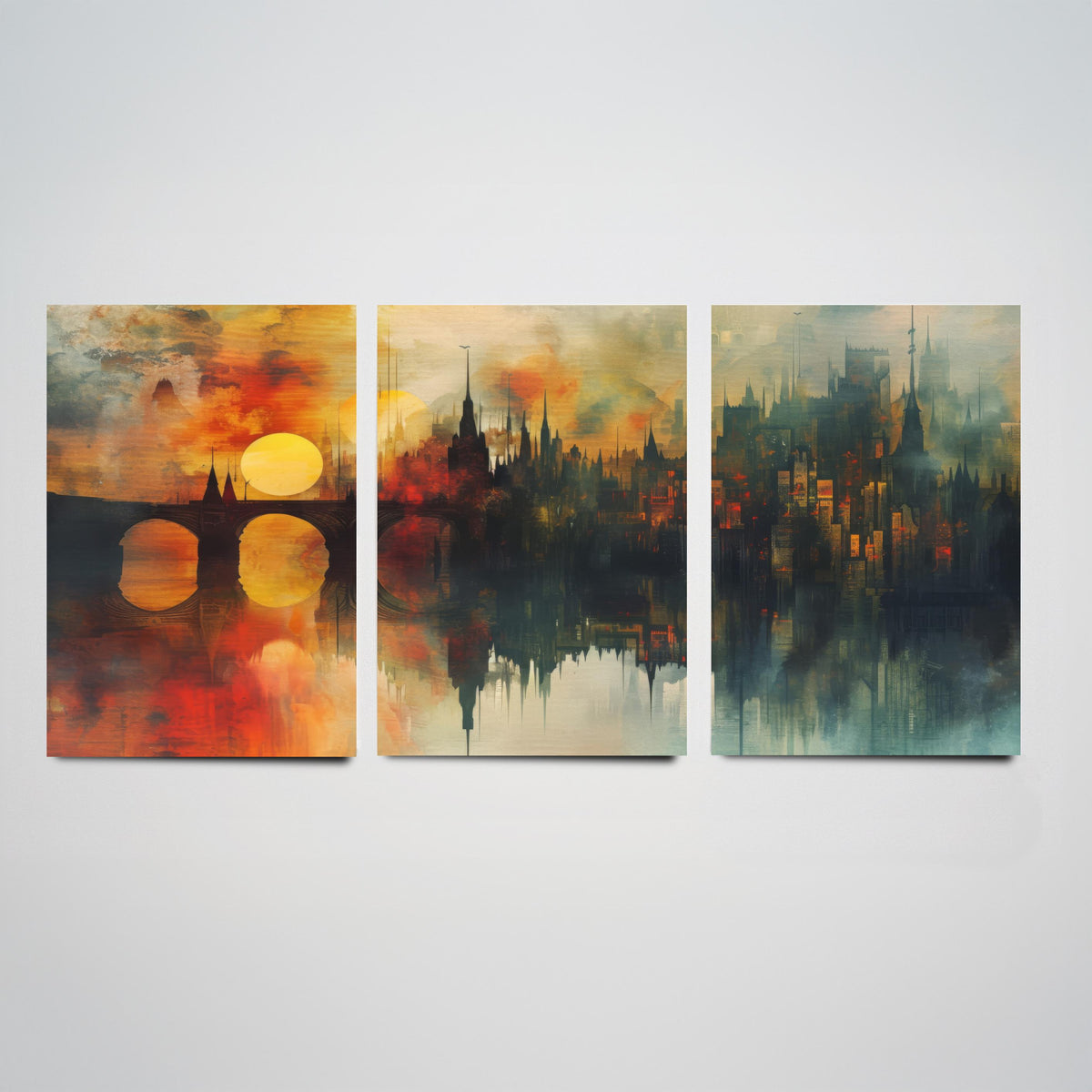London Set of Three Art Prints - 3 Golden River Skyline Posters - Sunset Cityscape Painting Wall Art Gift Thames Bridge Decor