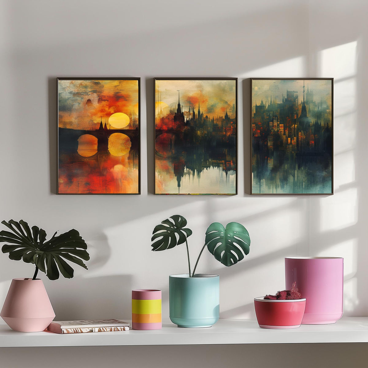 London Set of Three Art Prints - 3 Golden River Skyline Posters - Sunset Cityscape Painting Wall Art Gift Thames Bridge Decor