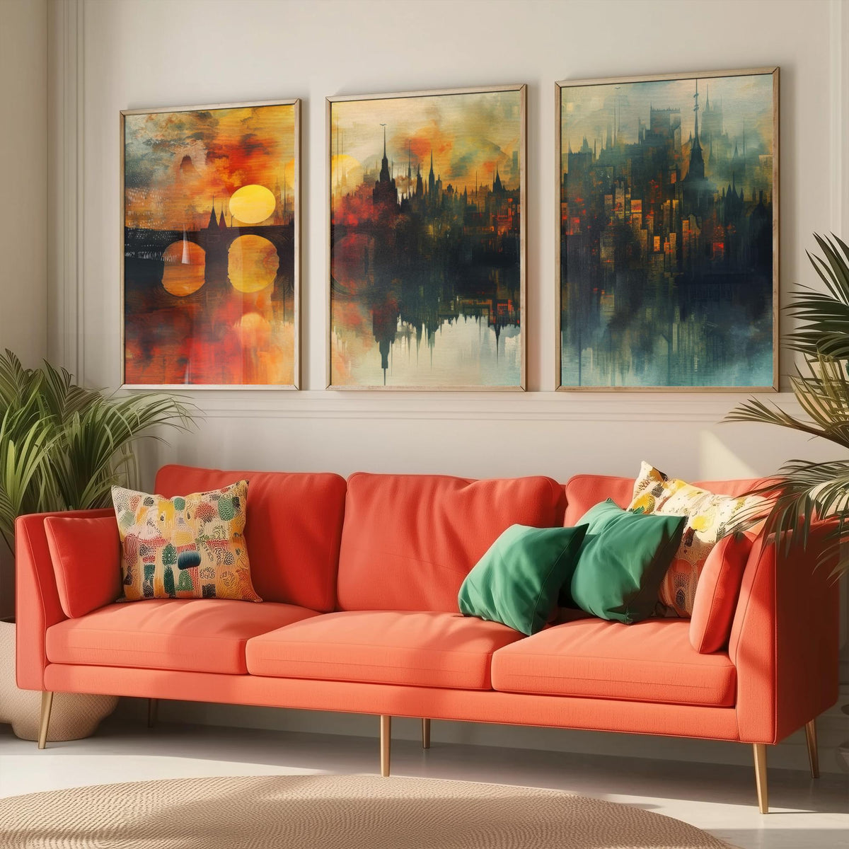 London Set of Three Art Prints - 3 Golden River Skyline Posters - Sunset Cityscape Painting Wall Art Gift Thames Bridge Decor