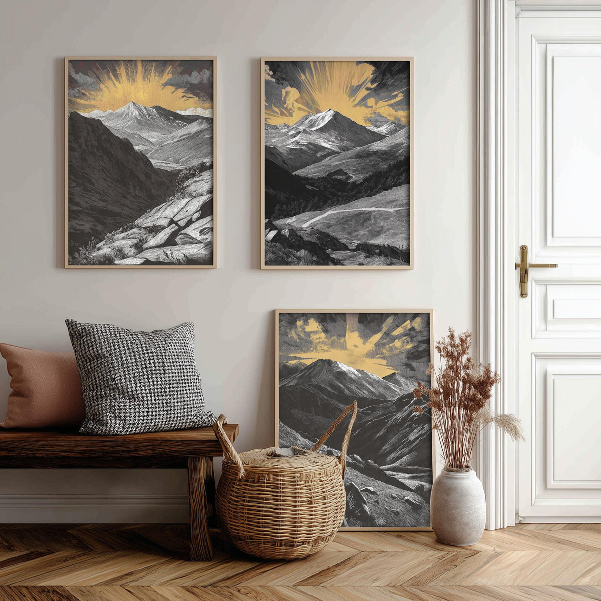 Colorado Rockies Set of Three Art Prints - 3 Woodcut Mountain Posters - Gold Sunburst Wall Art Gift Rocky Mountain Hiker Decor