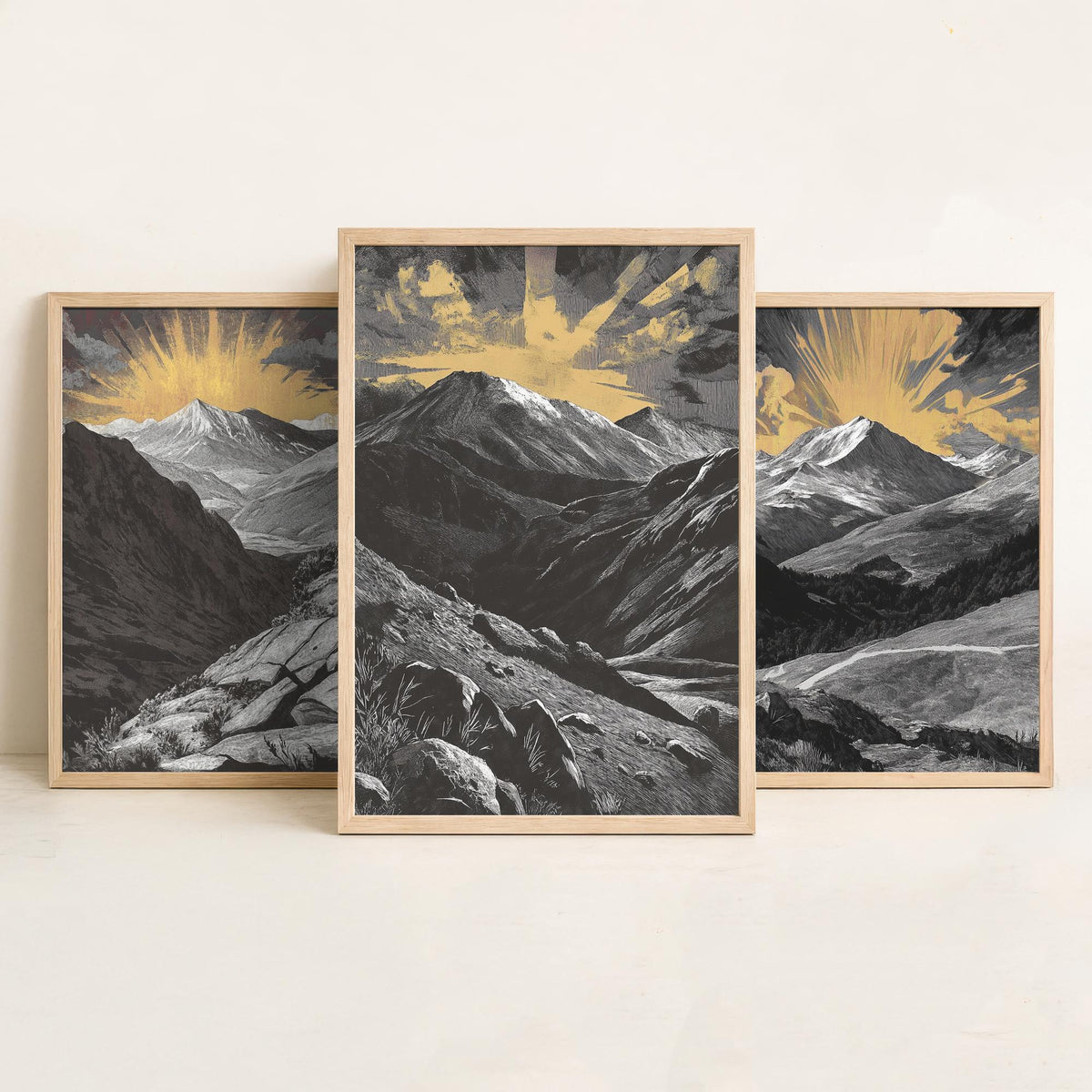 Colorado Rockies Set of Three Art Prints - 3 Woodcut Mountain Posters - Gold Sunburst Wall Art Gift Rocky Mountain Hiker Decor