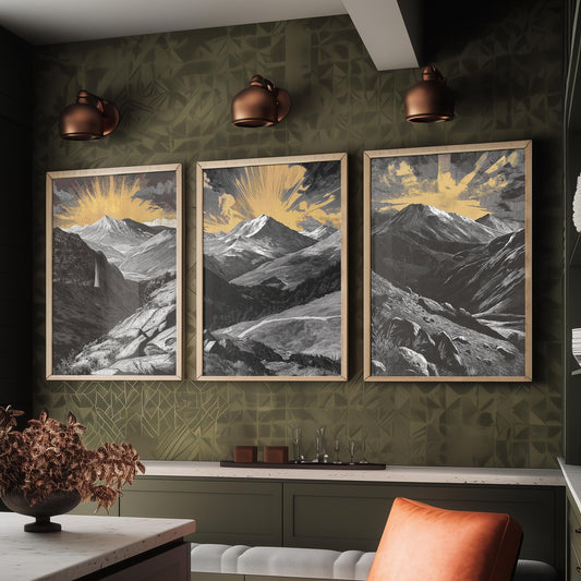 Colorado Rockies Set of Three Art Prints - 3 Woodcut Mountain Posters - Gold Sunburst Wall Art Gift Rocky Mountain Hiker Decor