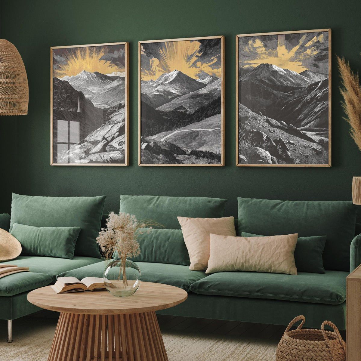 Colorado Rockies Set of Three Art Prints - 3 Woodcut Mountain Posters - Gold Sunburst Wall Art Gift Rocky Mountain Hiker Decor