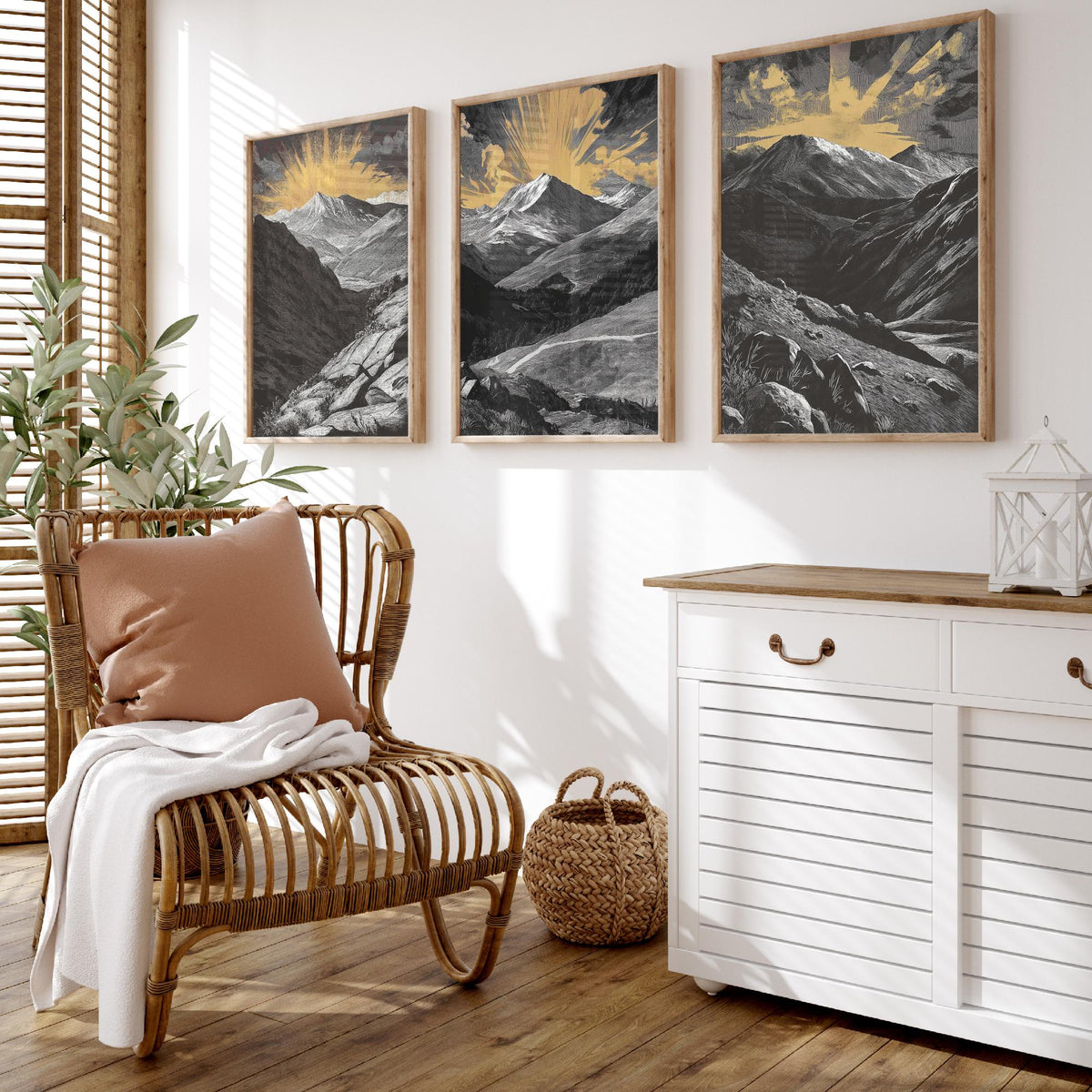 Colorado Rockies Set of Three Art Prints - 3 Woodcut Mountain Posters - Gold Sunburst Wall Art Gift Rocky Mountain Hiker Decor