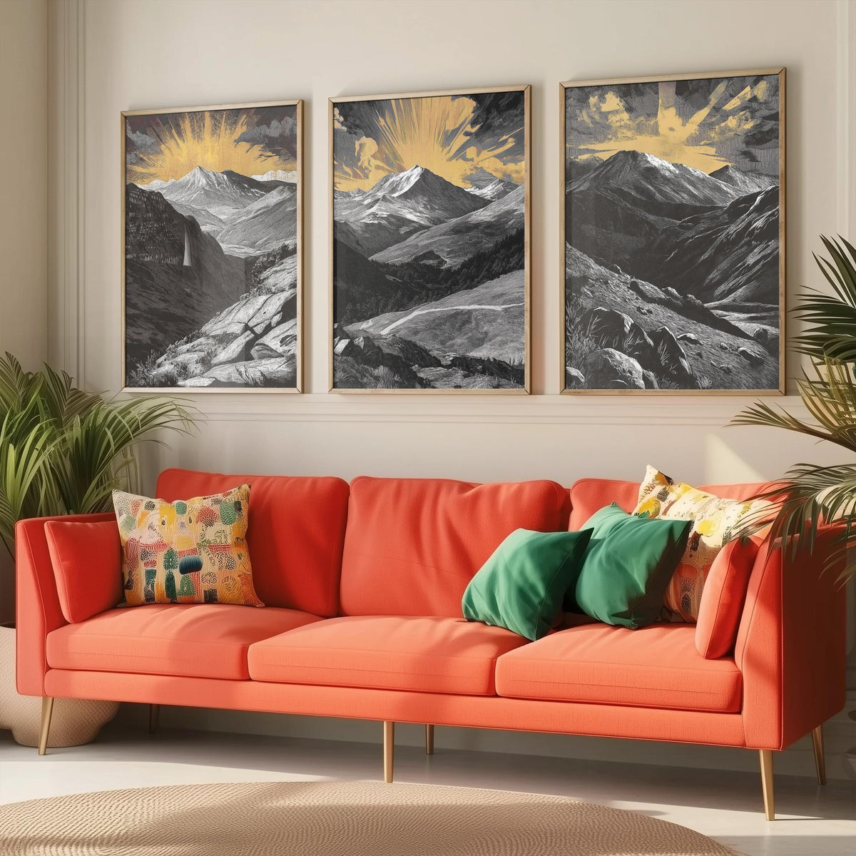 Colorado Rockies Set of Three Art Prints - 3 Woodcut Mountain Posters - Gold Sunburst Wall Art Gift Rocky Mountain Hiker Decor
