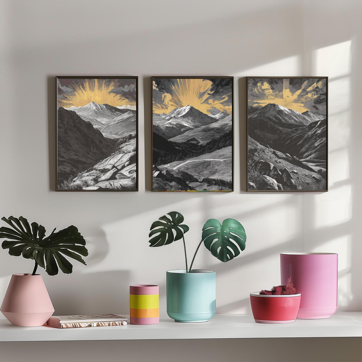 Colorado Rockies Set of Three Art Prints - 3 Woodcut Mountain Posters - Gold Sunburst Wall Art Gift Rocky Mountain Hiker Decor