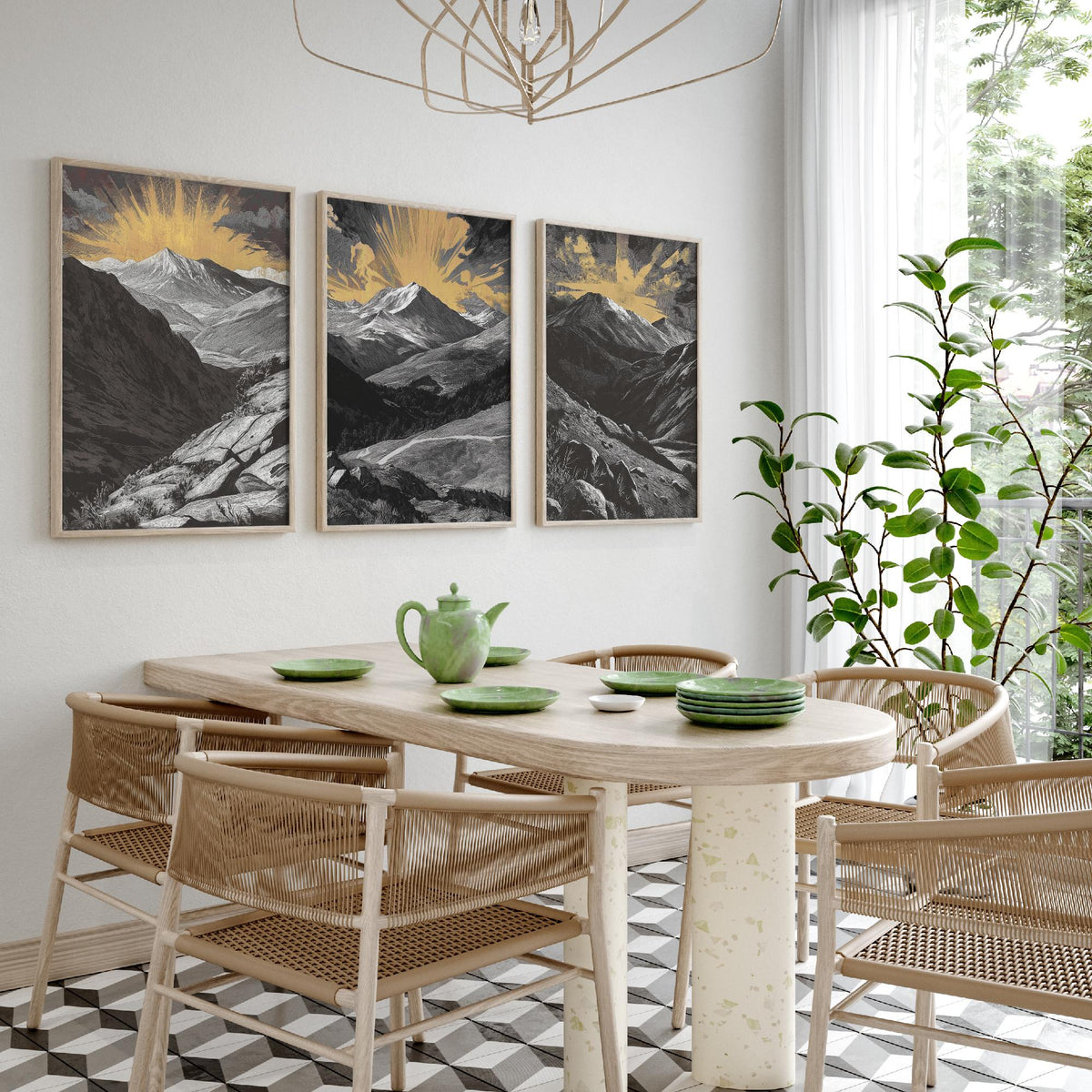 Colorado Rockies Set of Three Art Prints - 3 Woodcut Mountain Posters - Gold Sunburst Wall Art Gift Rocky Mountain Hiker Decor