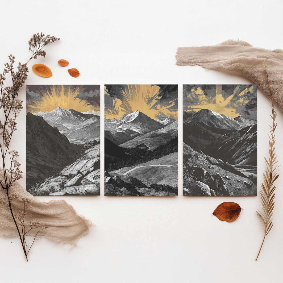 Colorado Rockies Set of Three Art Prints - 3 Woodcut Mountain Posters - Gold Sunburst Wall Art Gift Rocky Mountain Hiker Decor