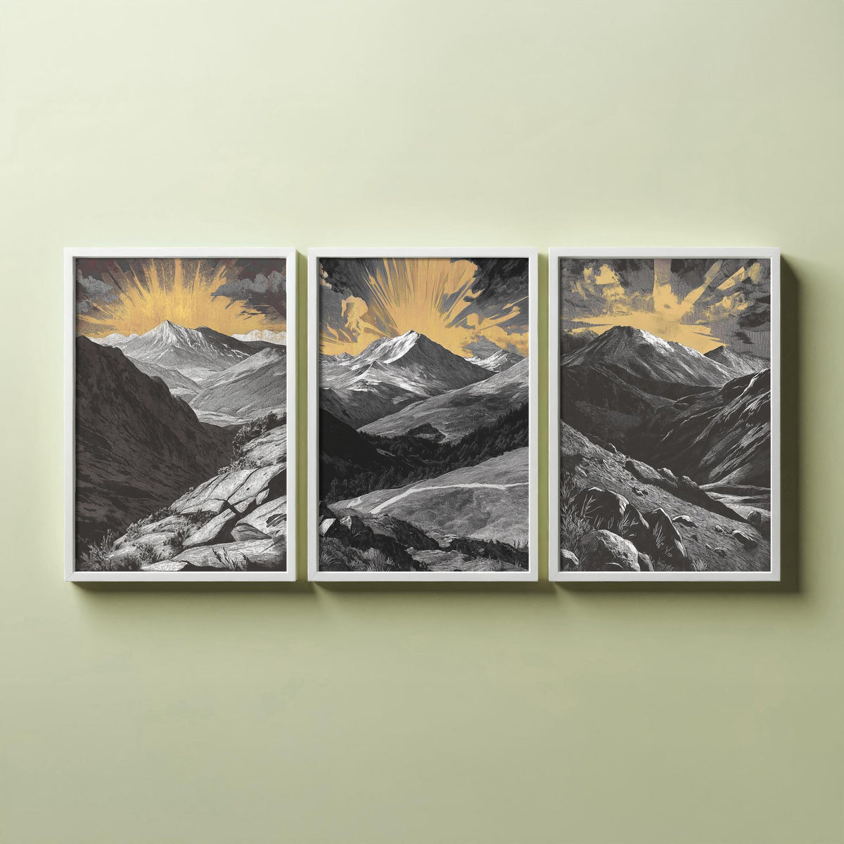 Colorado Rockies Set of Three Art Prints - 3 Woodcut Mountain Posters - Gold Sunburst Wall Art Gift Rocky Mountain Hiker Decor