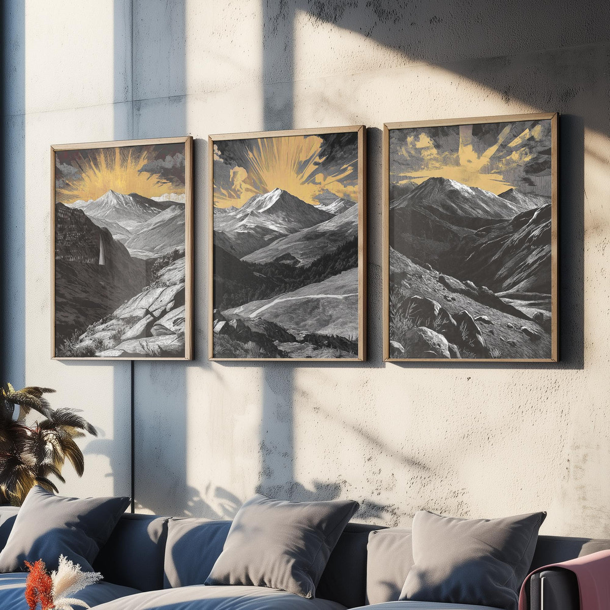 Colorado Rockies Set of Three Art Prints - 3 Woodcut Mountain Posters - Gold Sunburst Wall Art Gift Rocky Mountain Hiker Decor