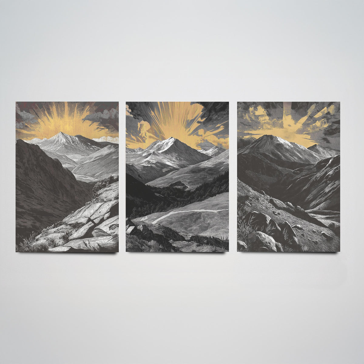 Colorado Rockies Set of Three Art Prints - 3 Woodcut Mountain Posters - Gold Sunburst Wall Art Gift Rocky Mountain Hiker Decor