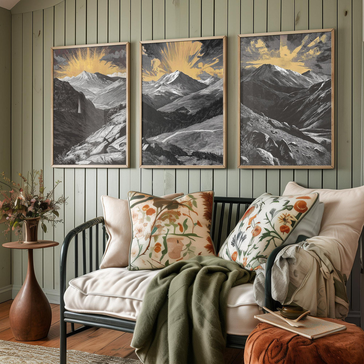 Colorado Rockies Set of Three Art Prints - 3 Woodcut Mountain Posters - Gold Sunburst Wall Art Gift Rocky Mountain Hiker Decor