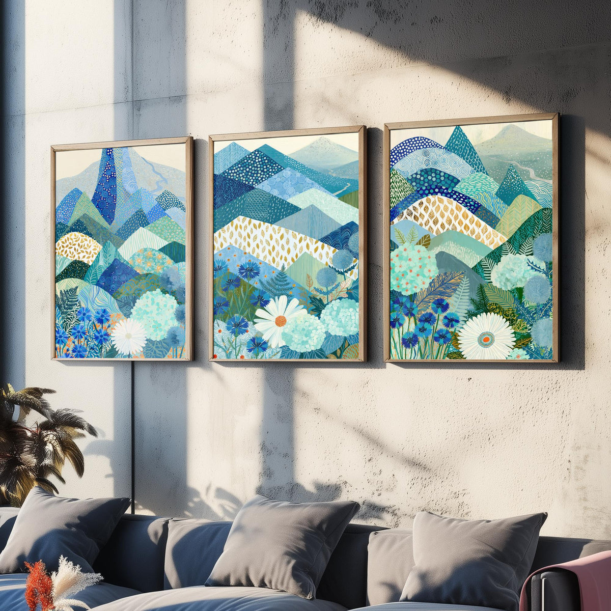 Goldseam Mountain Meadow Set of Three Art Prints - Azure Blue Patchwork Peaks, Sea Green Hills - Cornflower Daisy Posters - Folk Painting