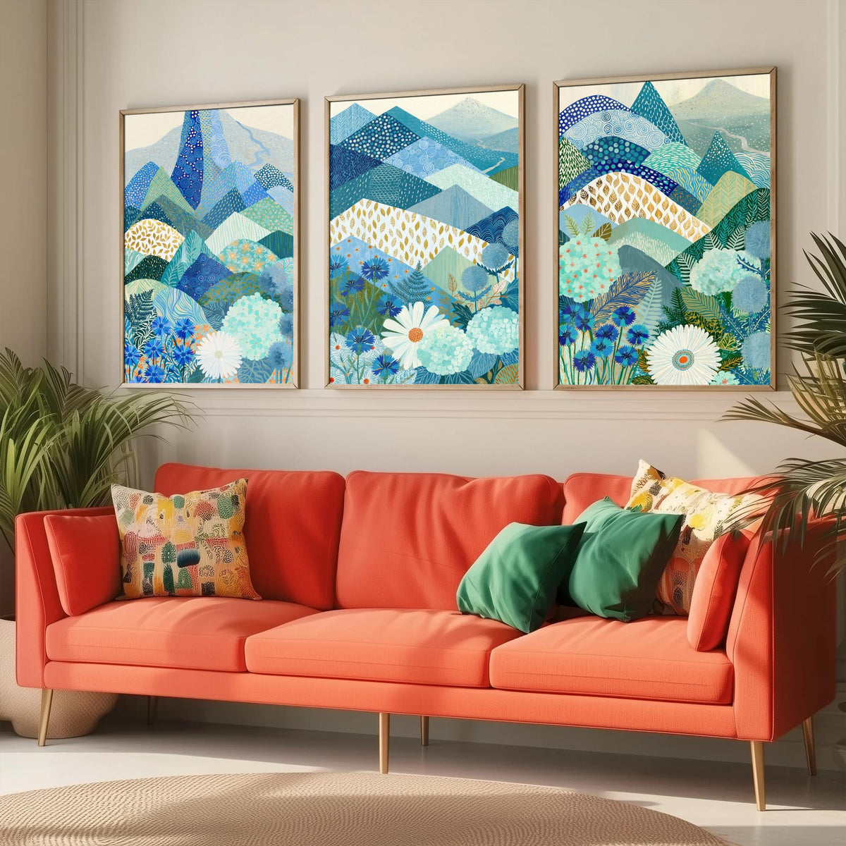 Goldseam Mountain Meadow Set of Three Art Prints - Azure Blue Patchwork Peaks, Sea Green Hills - Cornflower Daisy Posters - Folk Painting