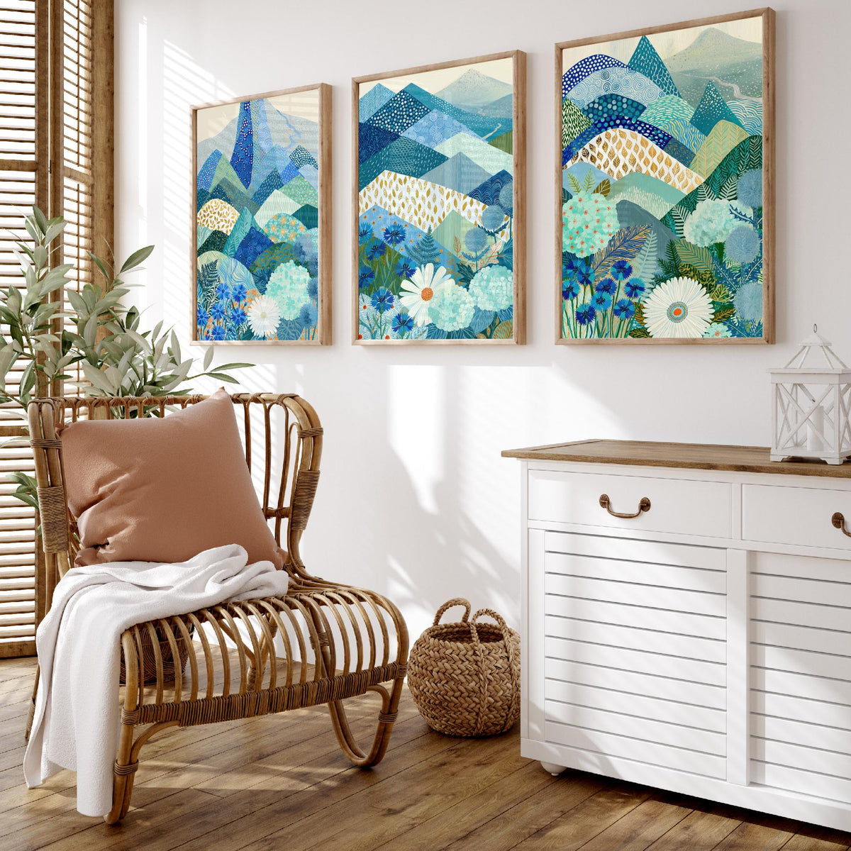 Goldseam Mountain Meadow Set of Three Art Prints - Azure Blue Patchwork Peaks, Sea Green Hills - Cornflower Daisy Posters - Folk Painting