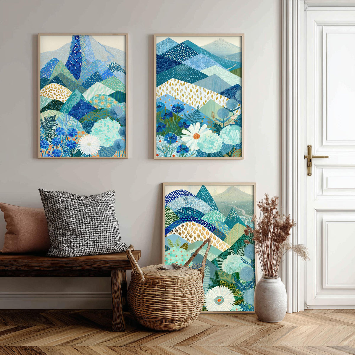 Goldseam Mountain Meadow Set of Three Art Prints - Azure Blue Patchwork Peaks, Sea Green Hills - Cornflower Daisy Posters - Folk Painting