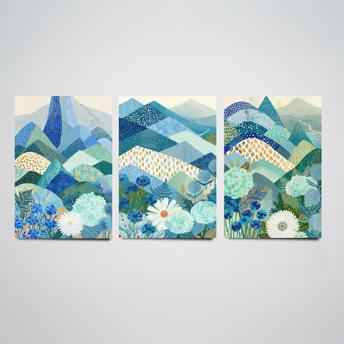 Goldseam Mountain Meadow Set of Three Art Prints - Azure Blue Patchwork Peaks, Sea Green Hills - Cornflower Daisy Posters - Folk Painting