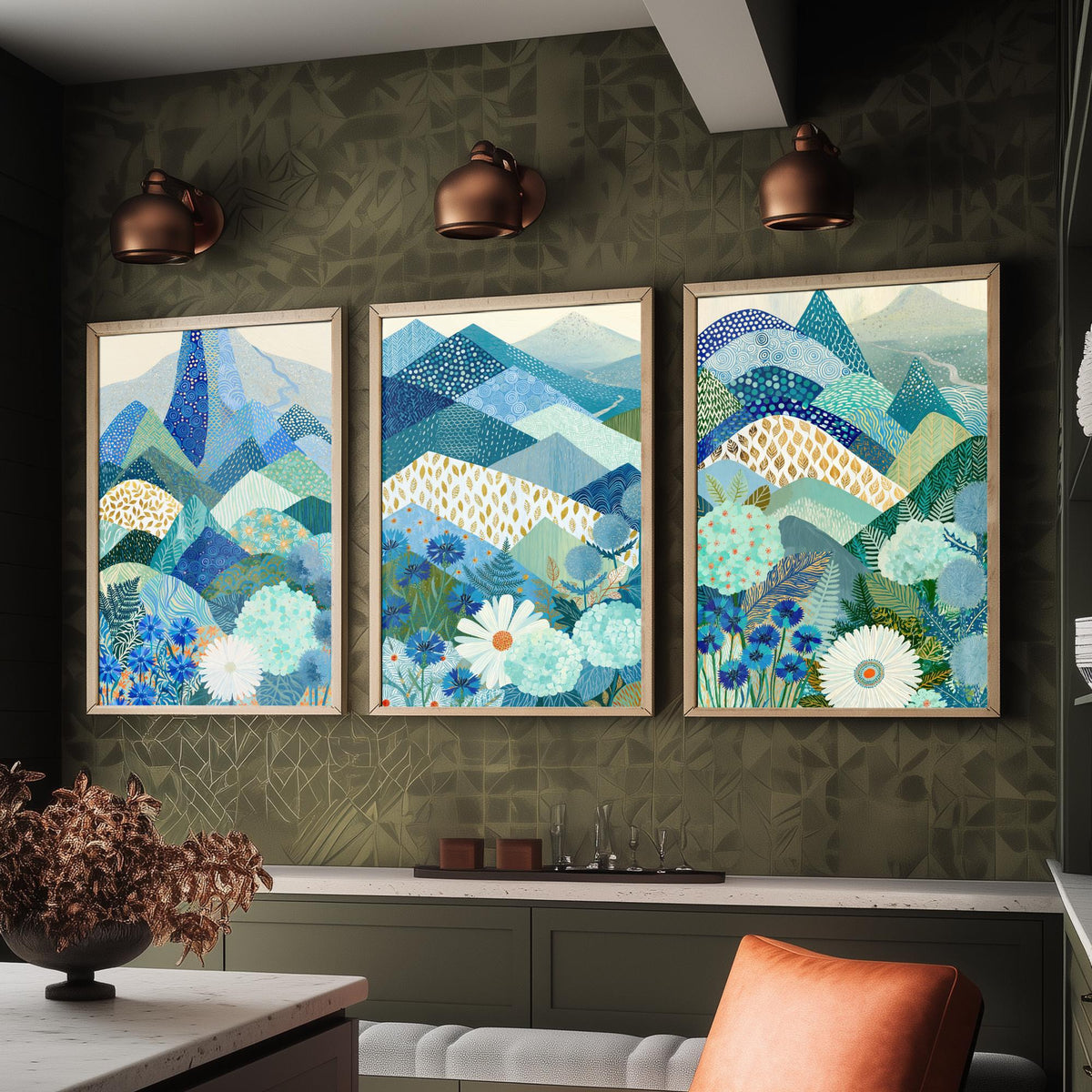 Goldseam Mountain Meadow Set of Three Art Prints - Azure Blue Patchwork Peaks, Sea Green Hills - Cornflower Daisy Posters - Folk Painting