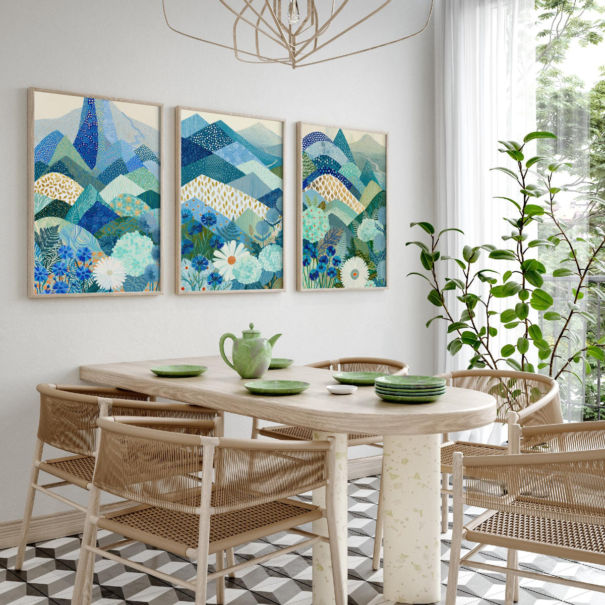 Goldseam Mountain Meadow Set of Three Art Prints - Azure Blue Patchwork Peaks, Sea Green Hills - Cornflower Daisy Posters - Folk Painting
