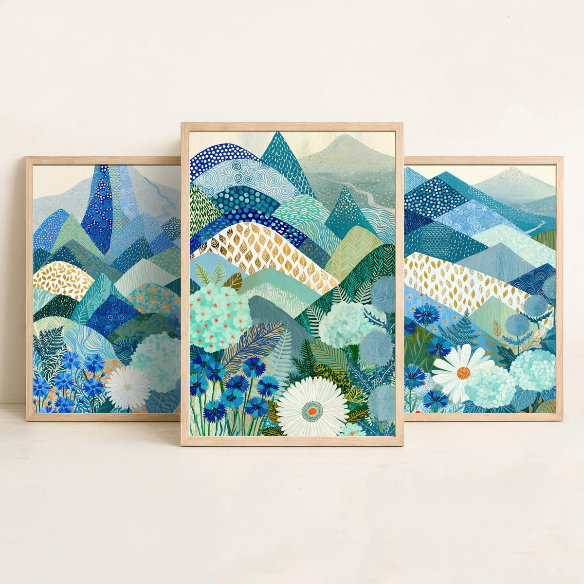 Goldseam Mountain Meadow Set of Three Art Prints - Azure Blue Patchwork Peaks, Sea Green Hills - Cornflower Daisy Posters - Folk Painting