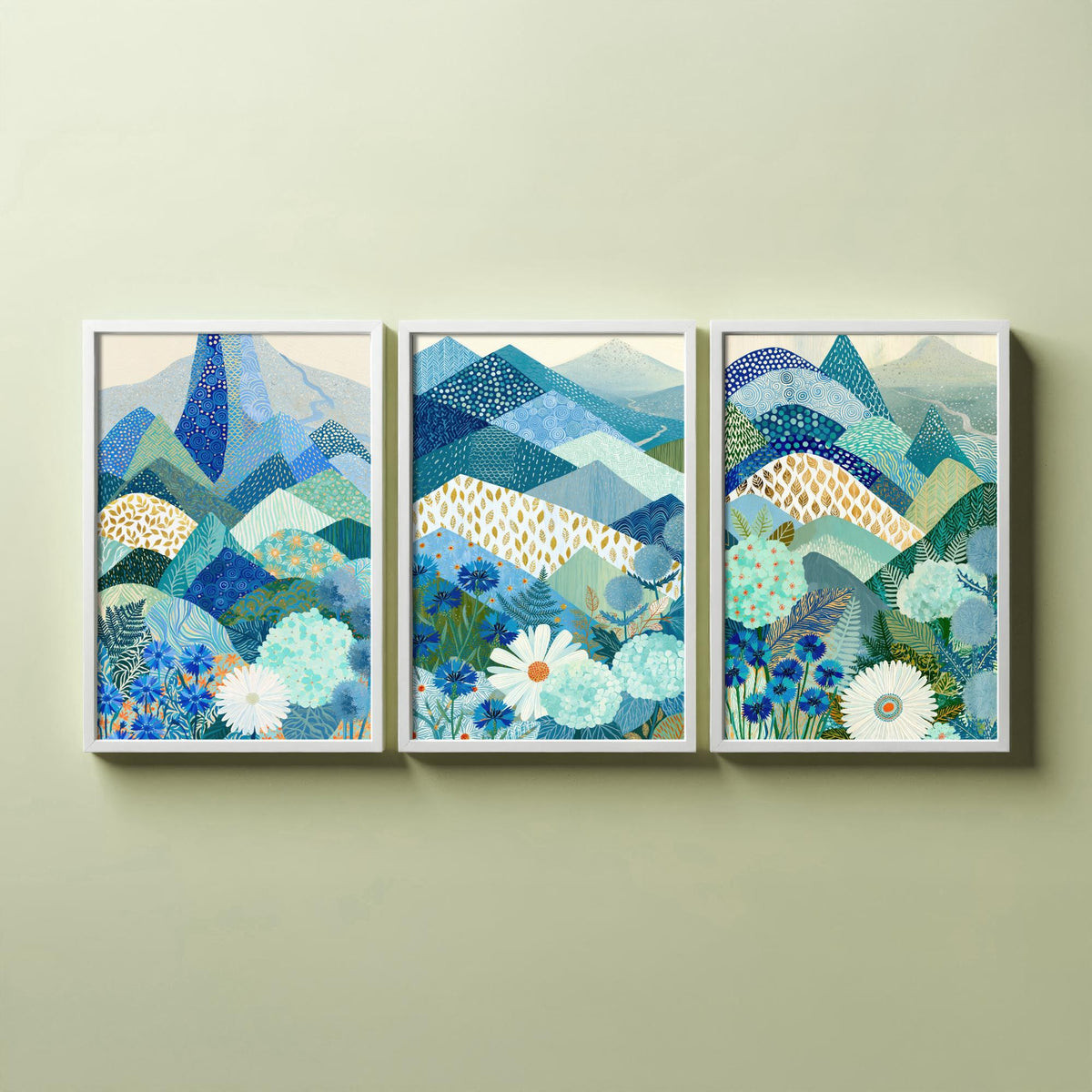 Goldseam Mountain Meadow Set of Three Art Prints - Azure Blue Patchwork Peaks, Sea Green Hills - Cornflower Daisy Posters - Folk Painting