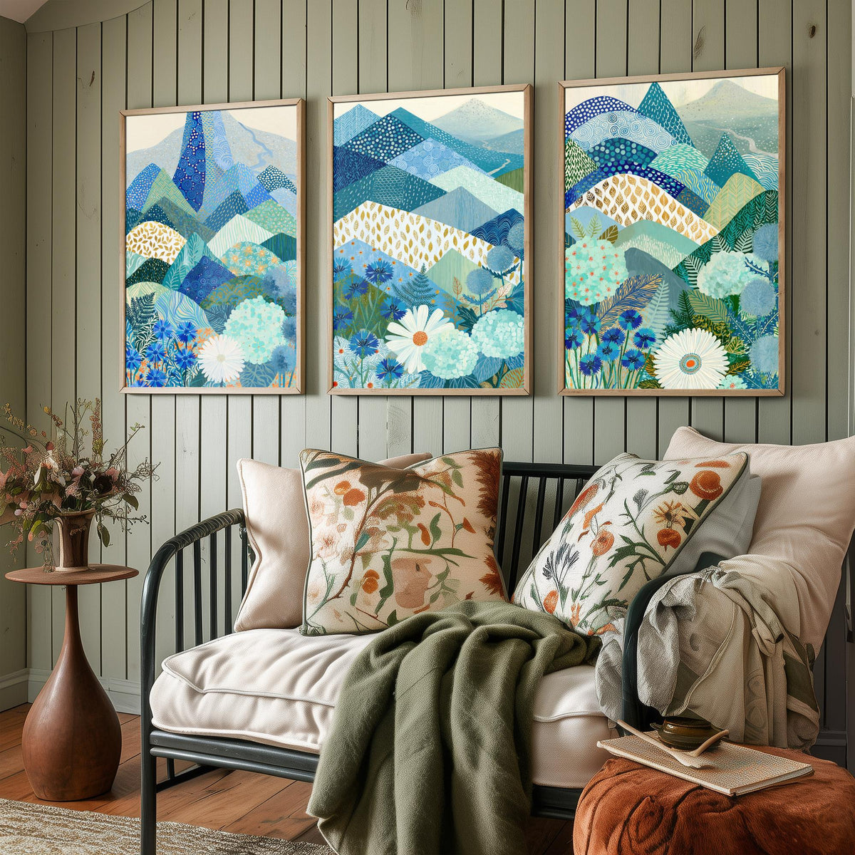 Goldseam Mountain Meadow Set of Three Art Prints - Azure Blue Patchwork Peaks, Sea Green Hills - Cornflower Daisy Posters - Folk Painting