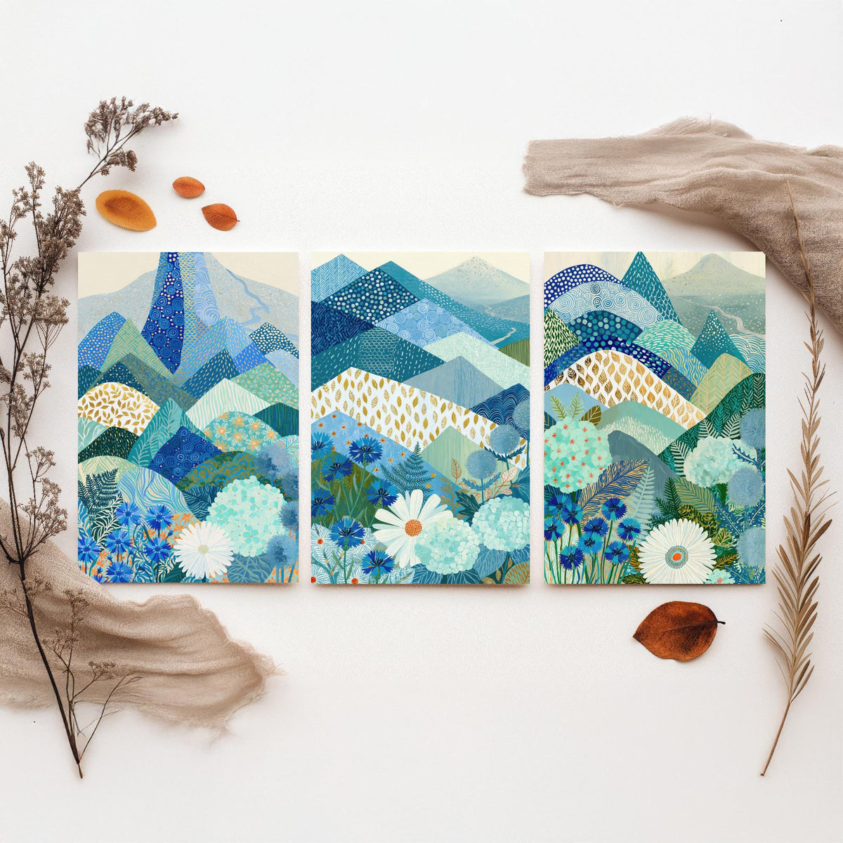 Goldseam Mountain Meadow Set of Three Art Prints - Azure Blue Patchwork Peaks, Sea Green Hills - Cornflower Daisy Posters - Folk Painting