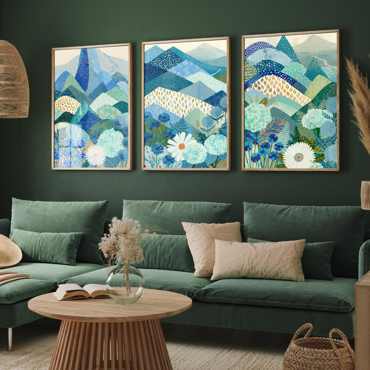 Goldseam Mountain Meadow Set of Three Art Prints - Azure Blue Patchwork Peaks, Sea Green Hills - Cornflower Daisy Posters - Folk Painting
