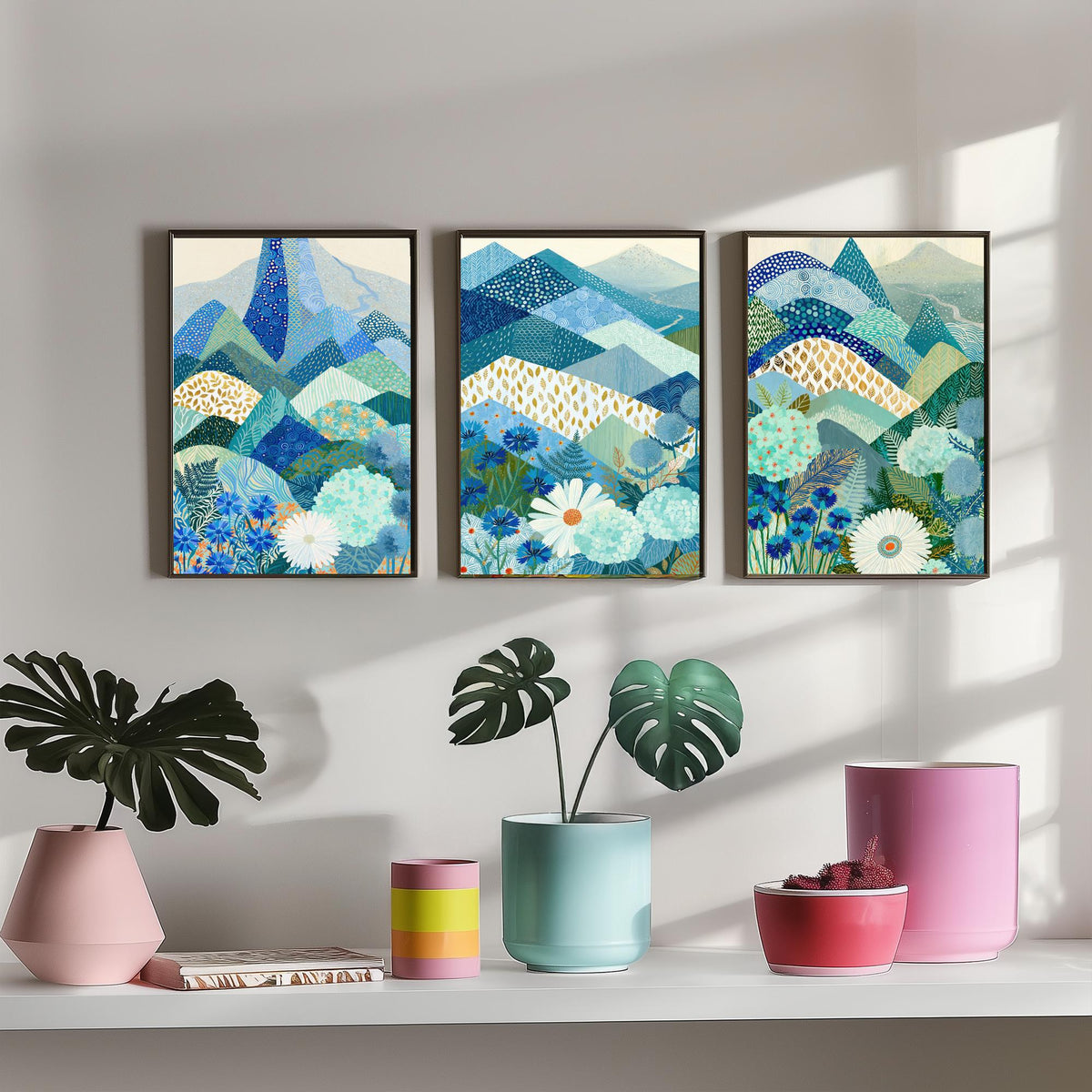 Goldseam Mountain Meadow Set of Three Art Prints - Azure Blue Patchwork Peaks, Sea Green Hills - Cornflower Daisy Posters - Folk Painting