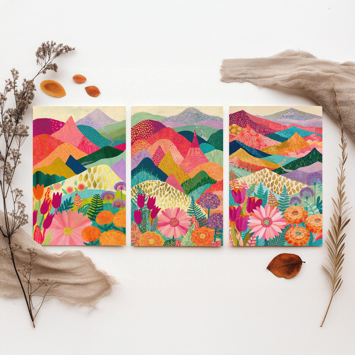 Goldseam Mountain Meadow Set of Three Art Prints - Blossom Pink and Magenta Patchwork Peaks - Tulip Marigold Posters - Olive Teal Painting
