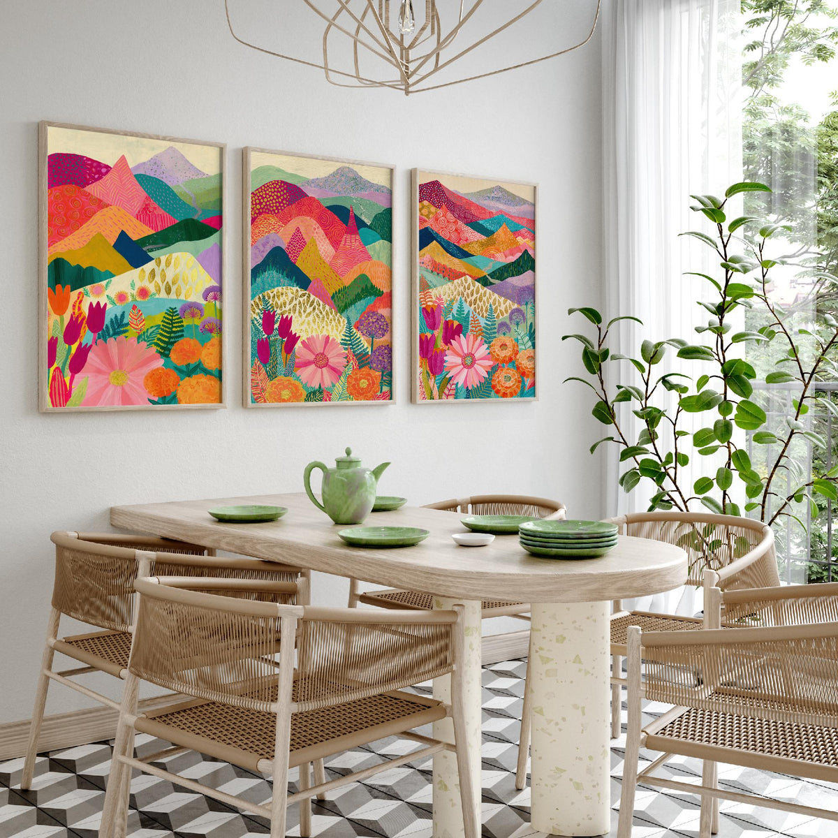 Goldseam Mountain Meadow Set of Three Art Prints - Blossom Pink and Magenta Patchwork Peaks - Tulip Marigold Posters - Olive Teal Painting