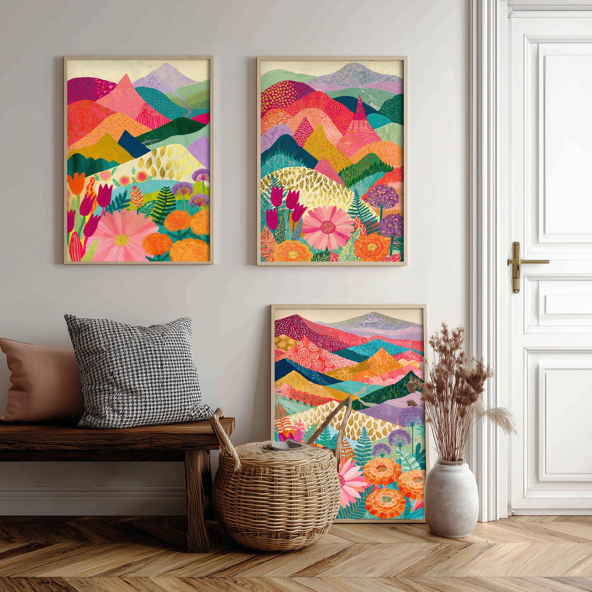 Goldseam Mountain Meadow Set of Three Art Prints - Blossom Pink and Magenta Patchwork Peaks - Tulip Marigold Posters - Olive Teal Painting
