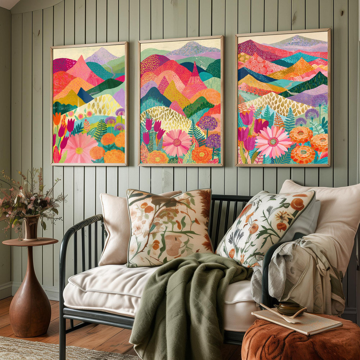 Goldseam Mountain Meadow Set of Three Art Prints - Blossom Pink and Magenta Patchwork Peaks - Tulip Marigold Posters - Olive Teal Painting
