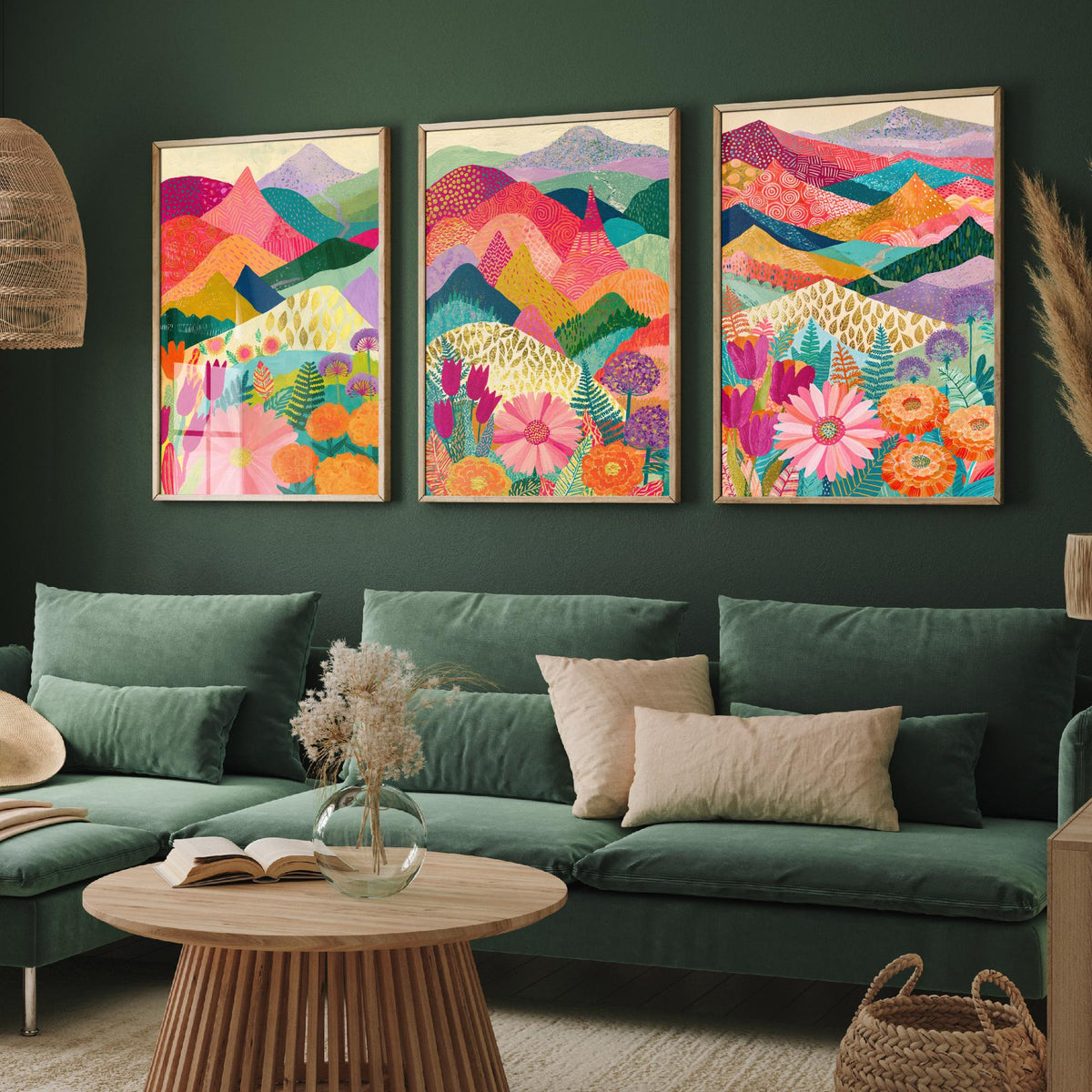 Goldseam Mountain Meadow Set of Three Art Prints - Blossom Pink and Magenta Patchwork Peaks - Tulip Marigold Posters - Olive Teal Painting
