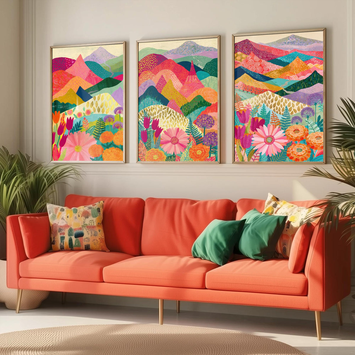 Goldseam Mountain Meadow Set of Three Art Prints - Blossom Pink and Magenta Patchwork Peaks - Tulip Marigold Posters - Olive Teal Painting