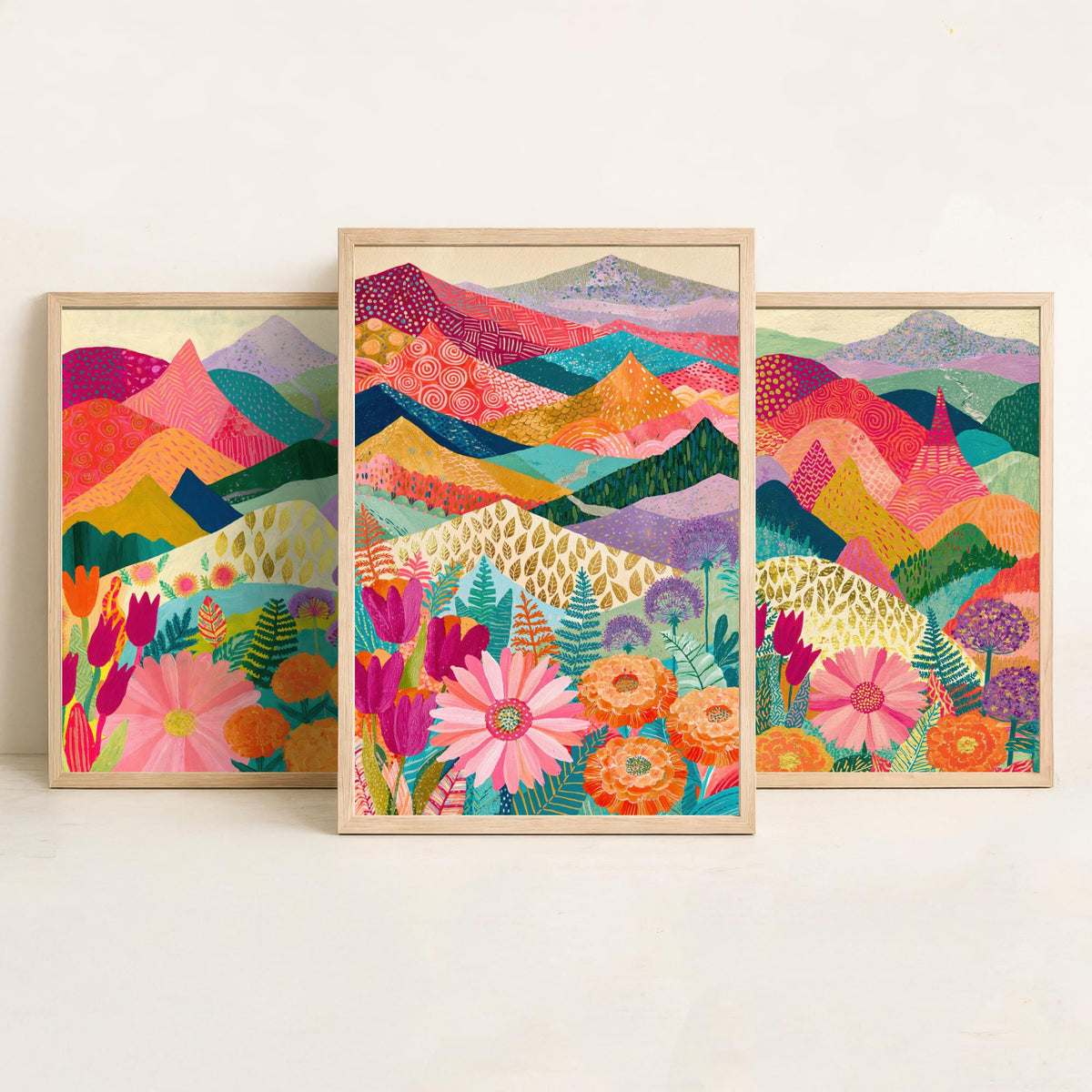 Goldseam Mountain Meadow Set of Three Art Prints - Blossom Pink and Magenta Patchwork Peaks - Tulip Marigold Posters - Olive Teal Painting