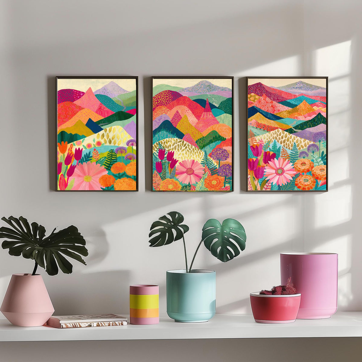 Goldseam Mountain Meadow Set of Three Art Prints - Blossom Pink and Magenta Patchwork Peaks - Tulip Marigold Posters - Olive Teal Painting