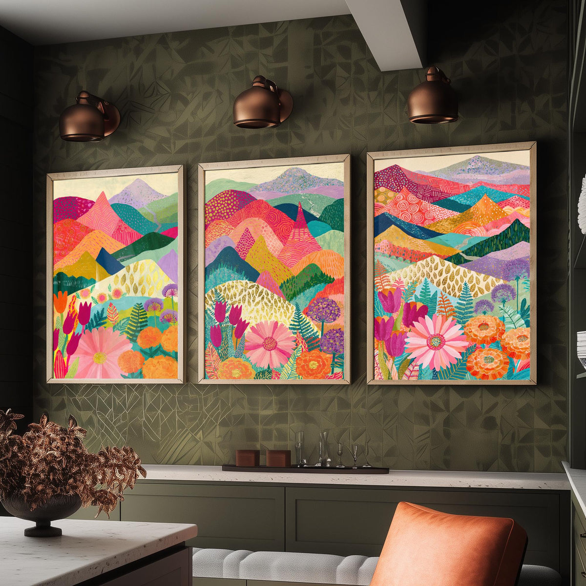 Goldseam Mountain Meadow Set of Three Art Prints - Blossom Pink and Magenta Patchwork Peaks - Tulip Marigold Posters - Olive Teal Painting