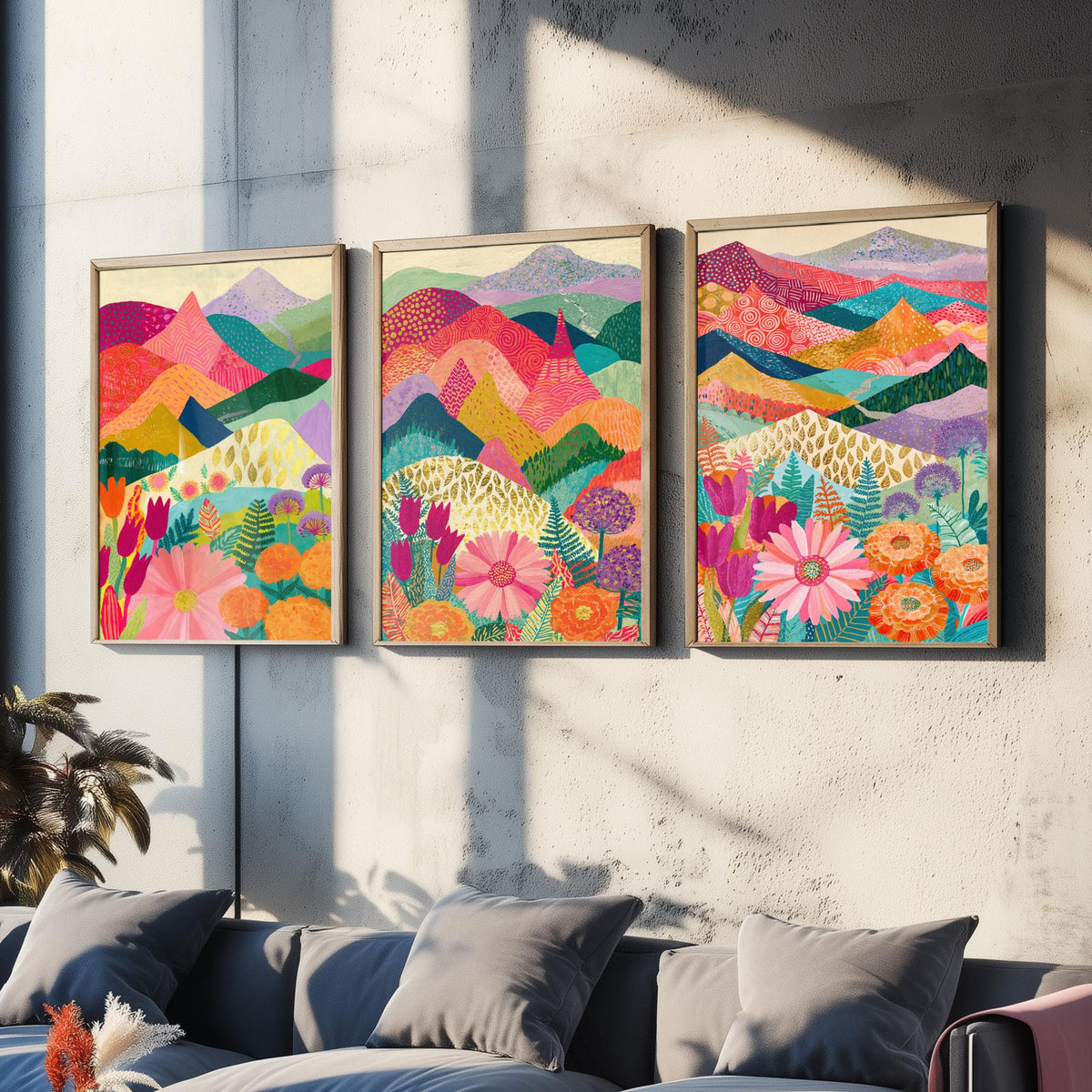 Goldseam Mountain Meadow Set of Three Art Prints - Blossom Pink and Magenta Patchwork Peaks - Tulip Marigold Posters - Olive Teal Painting