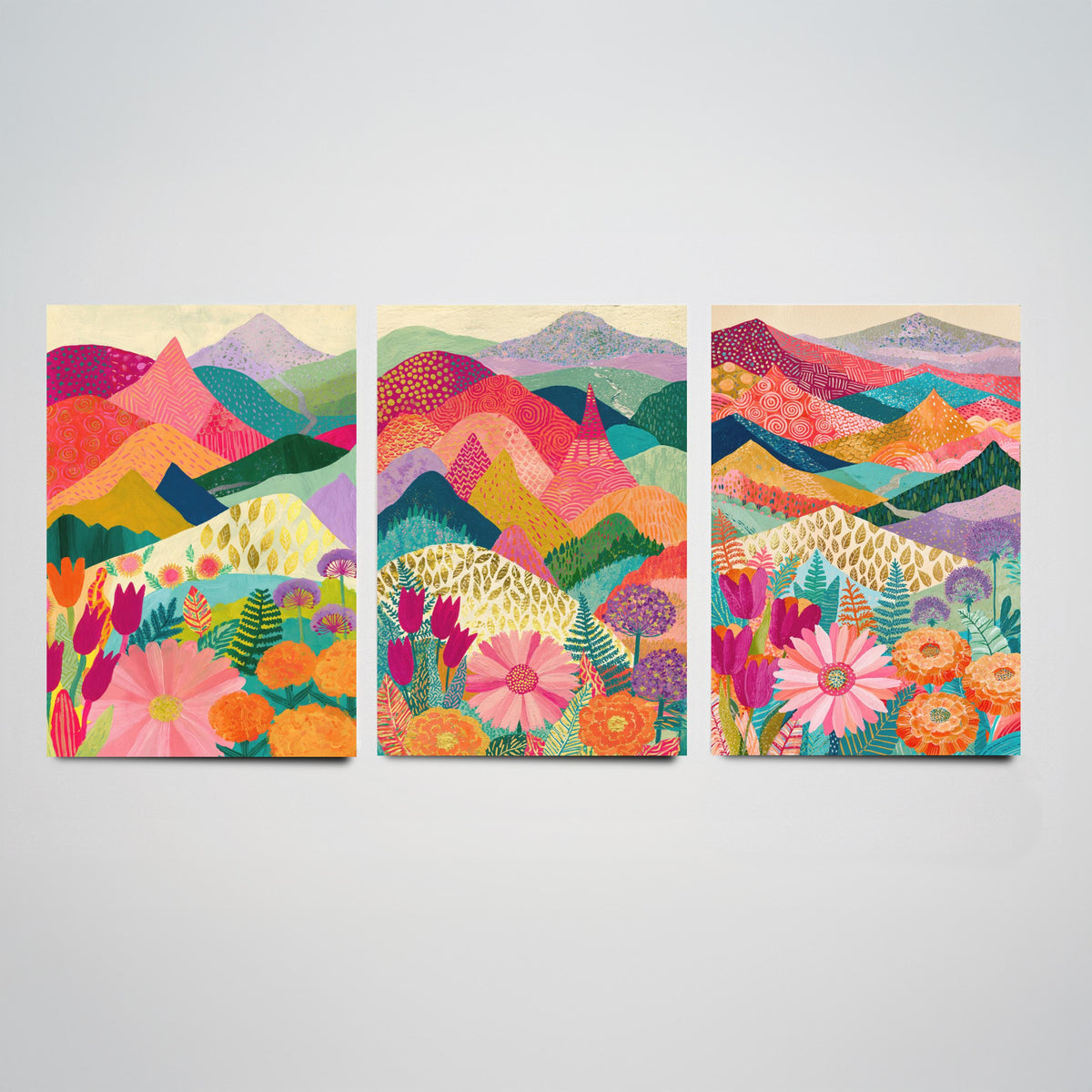 Goldseam Mountain Meadow Set of Three Art Prints - Blossom Pink and Magenta Patchwork Peaks - Tulip Marigold Posters - Olive Teal Painting