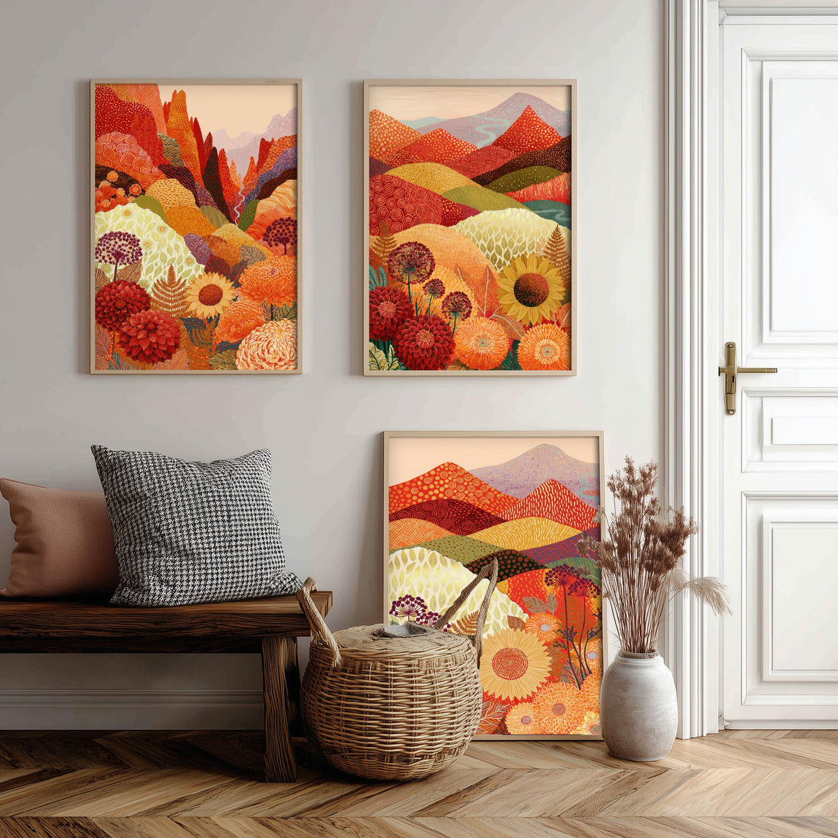Goldseam Mountain Meadow Set of Three Art Prints - Ember Rust and Golden Patchwork Hills - Dahlia Sunflower Posters - Autumn Folk Painting