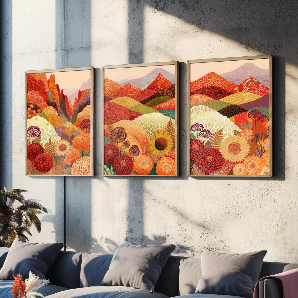 Goldseam Mountain Meadow Set of Three Art Prints - Ember Rust and Golden Patchwork Hills - Dahlia Sunflower Posters - Autumn Folk Painting