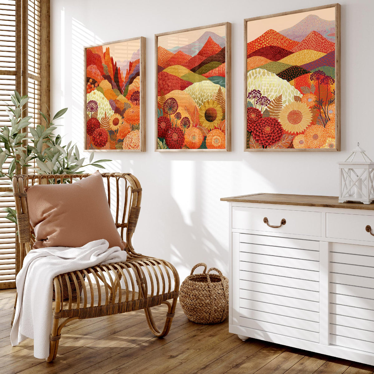 Goldseam Mountain Meadow Set of Three Art Prints - Ember Rust and Golden Patchwork Hills - Dahlia Sunflower Posters - Autumn Folk Painting