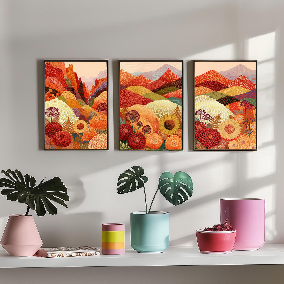 Goldseam Mountain Meadow Set of Three Art Prints - Ember Rust and Golden Patchwork Hills - Dahlia Sunflower Posters - Autumn Folk Painting
