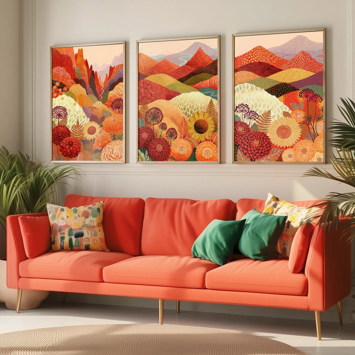 Goldseam Mountain Meadow Set of Three Art Prints - Ember Rust and Golden Patchwork Hills - Dahlia Sunflower Posters - Autumn Folk Painting
