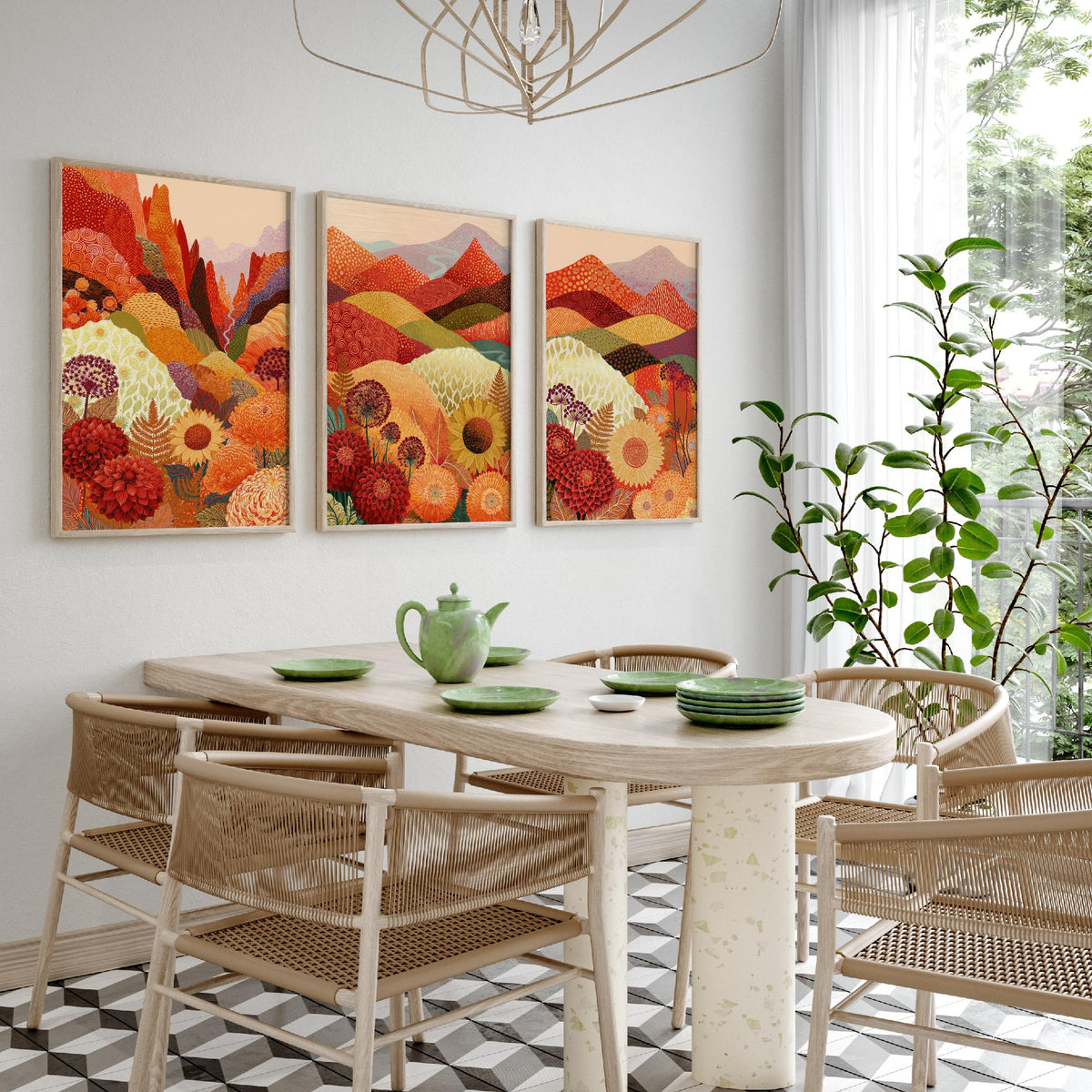 Goldseam Mountain Meadow Set of Three Art Prints - Ember Rust and Golden Patchwork Hills - Dahlia Sunflower Posters - Autumn Folk Painting