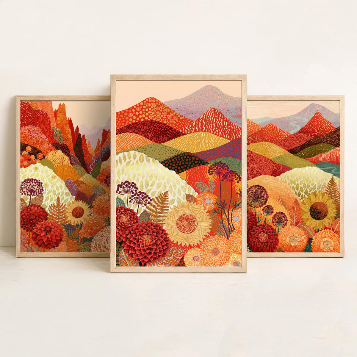 Goldseam Mountain Meadow Set of Three Art Prints - Ember Rust and Golden Patchwork Hills - Dahlia Sunflower Posters - Autumn Folk Painting