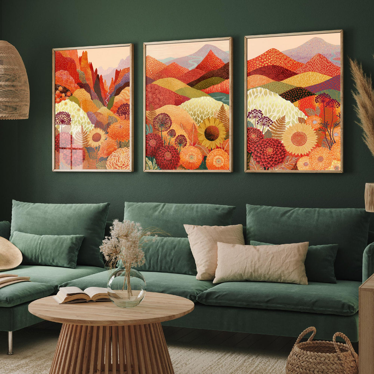 Goldseam Mountain Meadow Set of Three Art Prints - Ember Rust and Golden Patchwork Hills - Dahlia Sunflower Posters - Autumn Folk Painting